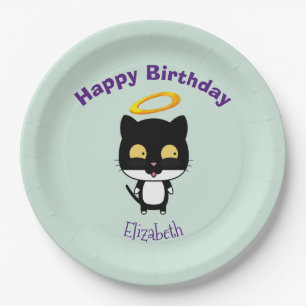 Plato De Papel Gato Negro Con Halo Dorado Cute Angel Cumpleaños