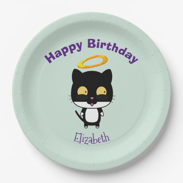 Plato De Papel Gato Negro Con Halo Dorado Cute Angel Cumpleaños (Anverso)