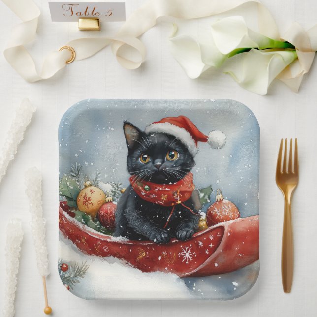 Plato De Papel Gato negro con manchas deja que nieve Navidades (Boda)