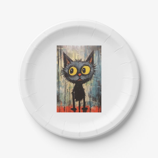 Plato De Papel Gato negro con ojos amarillos (Anverso)