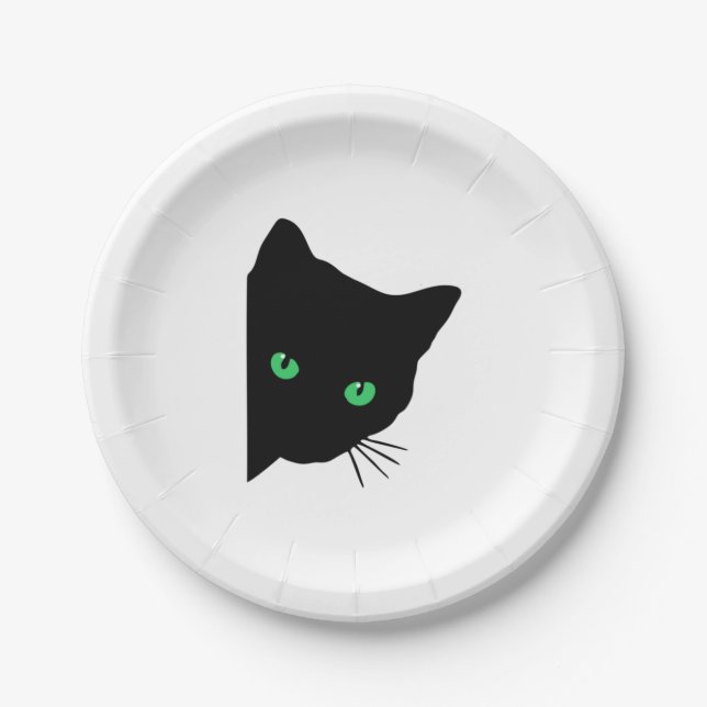 Plato De Papel gato negro con ojos verdes (Anverso)