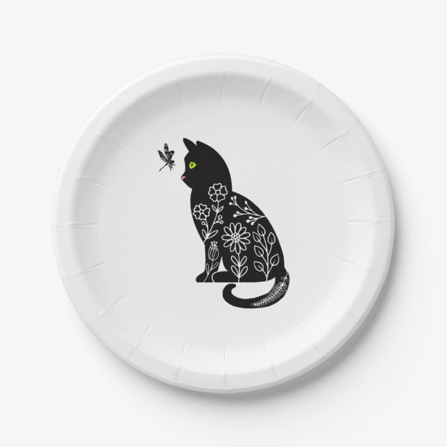 Plato De Papel Gato negro con ojos verdes (Anverso)