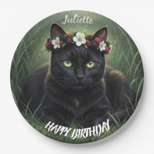 Plato De Papel Gato Negro / Corona de Flor de Zarzamora Personali
