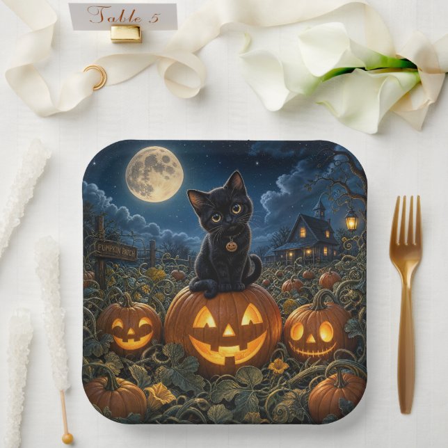 Plato De Papel Gato negro de Halloween (Boda)