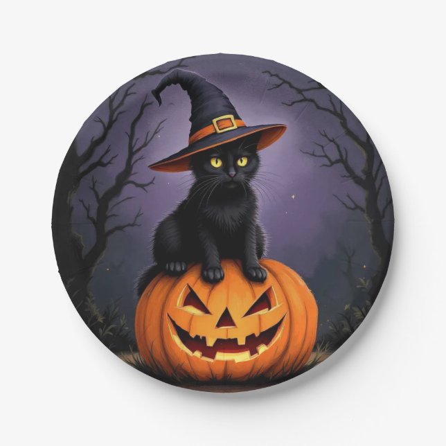 Plato De Papel Gato negro de Halloween con Gorra de bruja (Anverso)