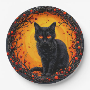 Plato De Papel Gato negro de Halloween con ojos brillantes
