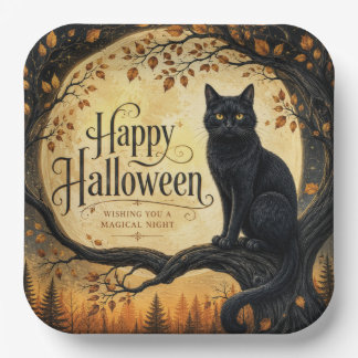 Plato De Papel Gato negro de Halloween Luna llena Árbol