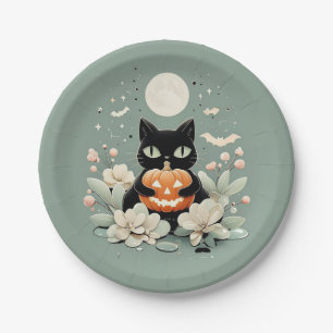 Plato De Papel Gato negro de Halloween, luna y calabaza