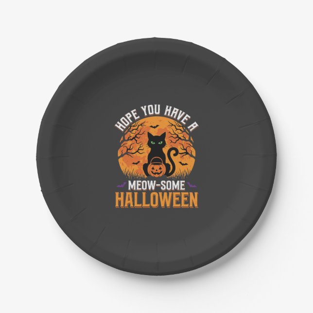 Plato De Papel Gato Negro de Halloween Meow-Some (Anverso)