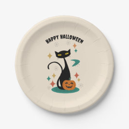Plato De Papel Gato negro de Halloween Mid Century