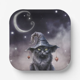 Plato De Papel Gato negro de Halloween vistiendo a un Gorra de br