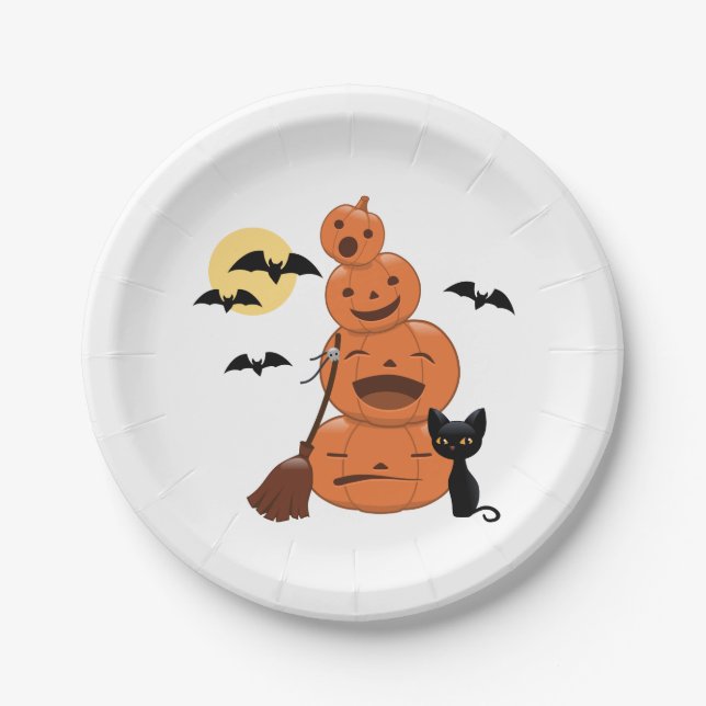 Plato De Papel Gato negro de Halloween y calabazas blancas (Anverso)