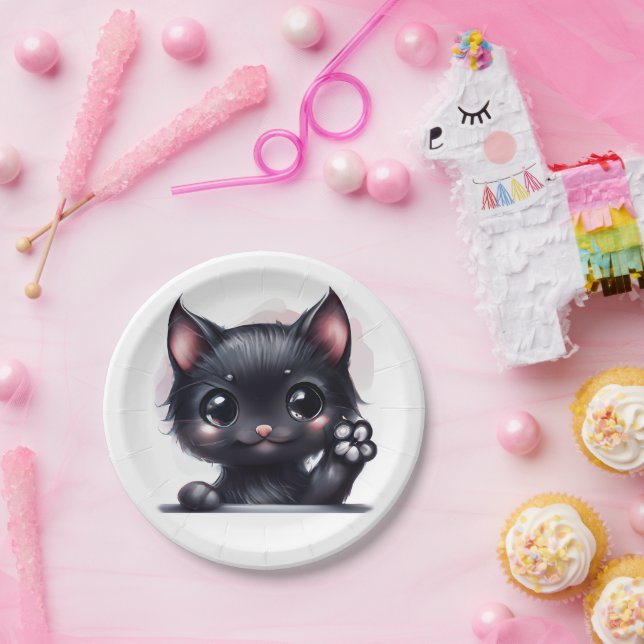 Plato De Papel Gato negro de Kawaii Adorable (Fiesta)