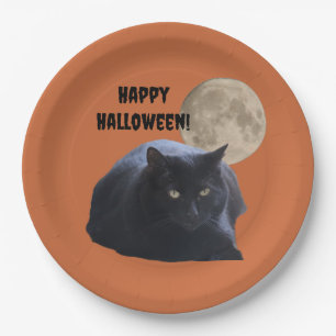 Plato De Papel Gato negro de la luna llena de Halloween