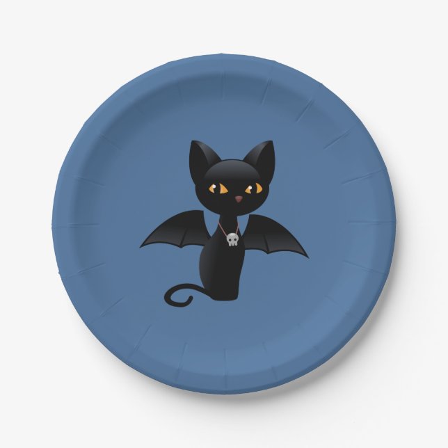 Plato De Papel Gato negro de vampiros de Halloween con alas (Anverso)