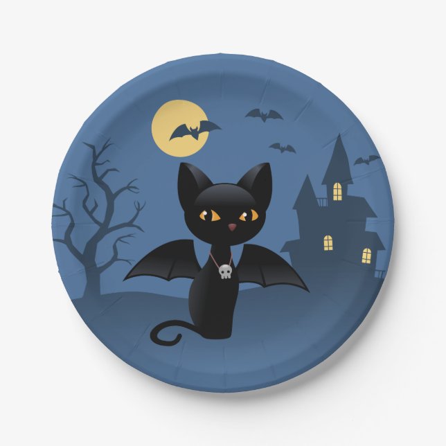 Plato De Papel Gato negro de vampiros de Halloween con alas (Anverso)