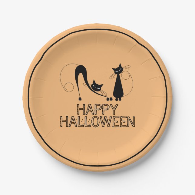 Plato De Papel Gato negro elegante, feliz Halloween (Anverso)