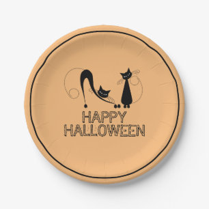 Plato De Papel Gato negro elegante, Halloween feliz