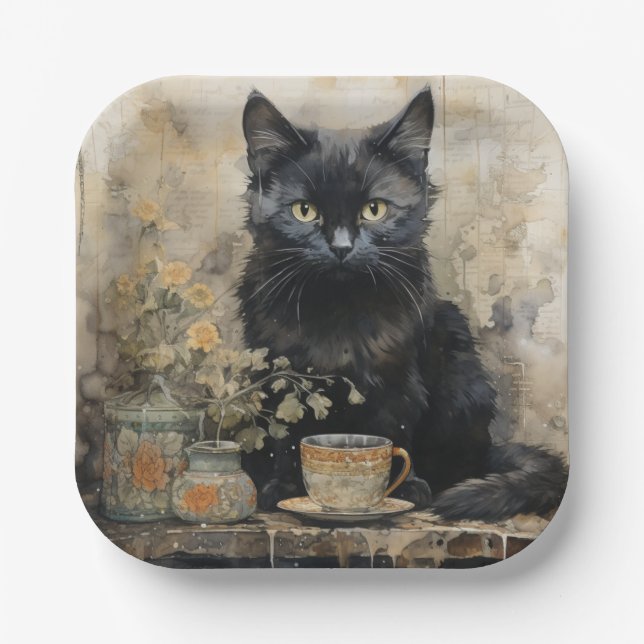 Plato De Papel Gato negro elegante vintage (Anverso)