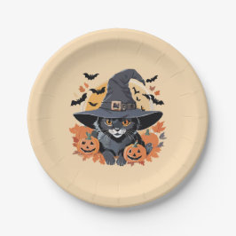 Plato De Papel Gato negro en Halloween, Gorra brujo