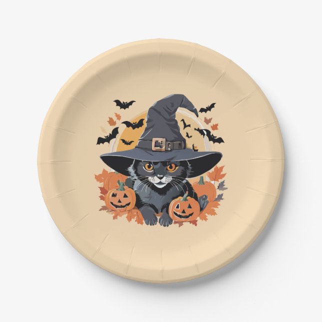 Plato De Papel Gato negro en Halloween, Gorra brujo (Anverso)