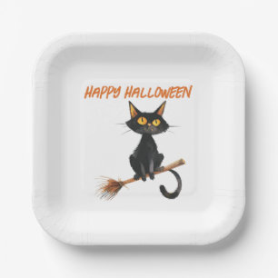 Plato De Papel Gato negro en la habitación de una bruja Feliz Hal
