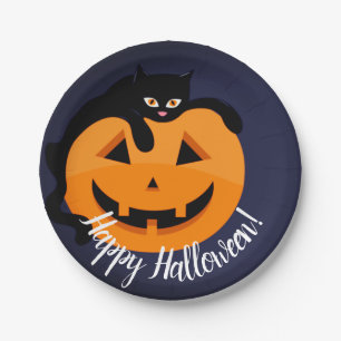 Plato De Papel Gato negro en la Halloween lunar 
