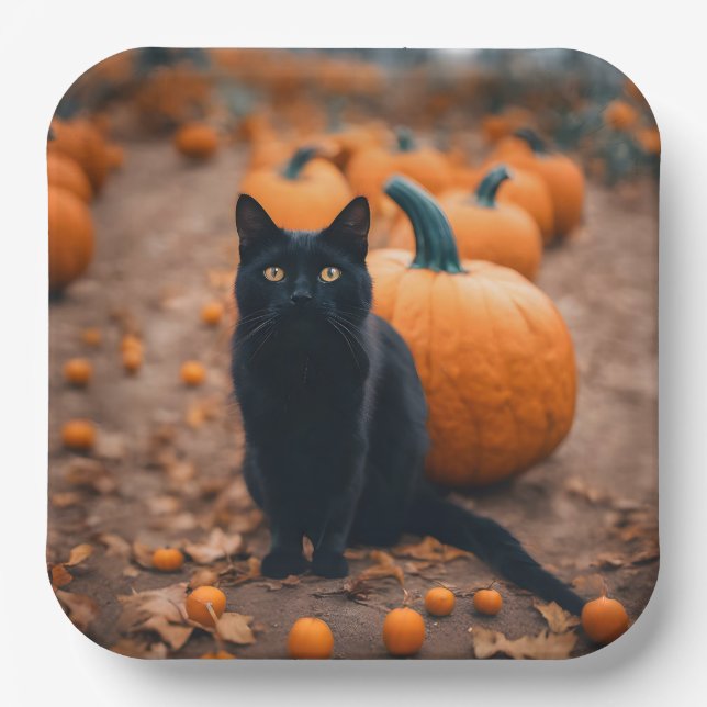 Plato De Papel Gato negro en parche de calabaza (Anverso)