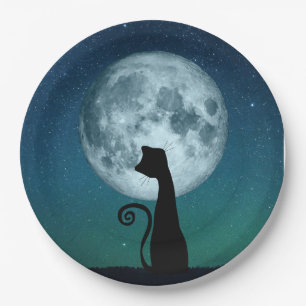 Plato De Papel Gato negro en placas de papel lunar