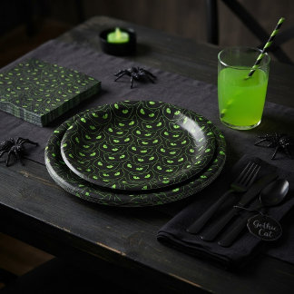 Plato De Papel Gato Negro Espeluznante Ojos Neon Verde Halloween