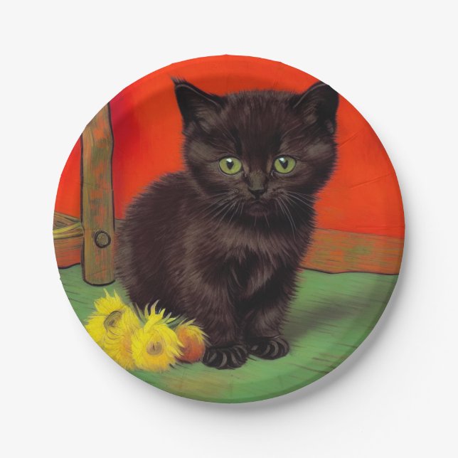 Plato De Papel Gato negro estilo Van Gogh (Anverso)