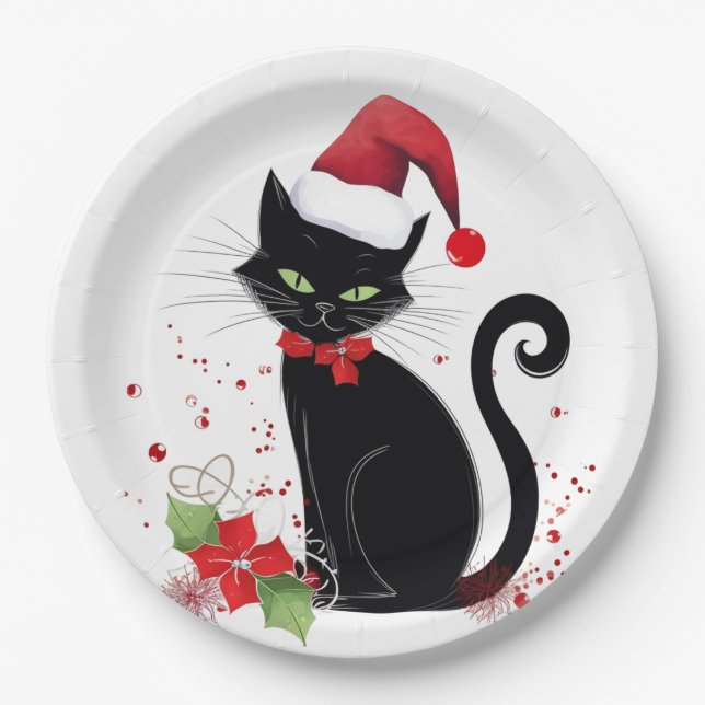 Plato De Papel Gato negro festivo (Anverso)