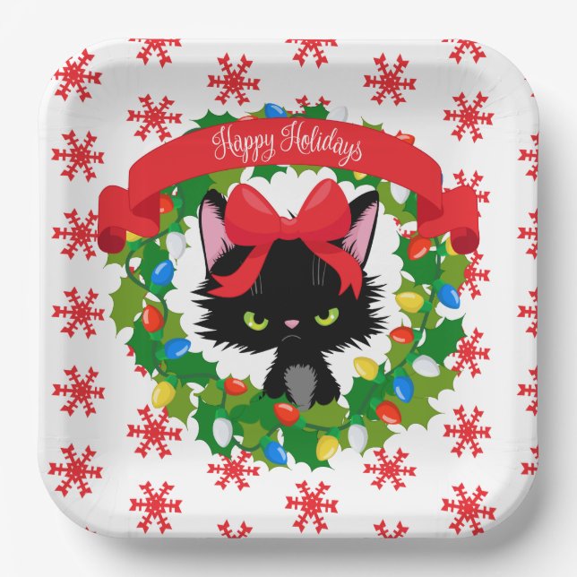 Plato De Papel Gato negro gruñón me hizo vestir a Navidades (Anverso)