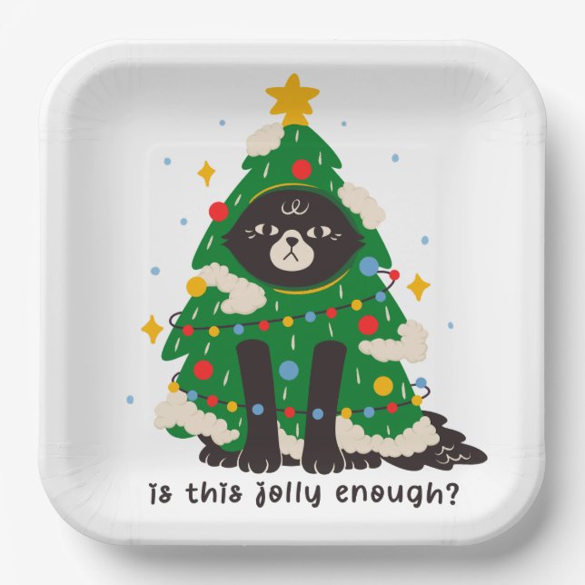 Plato De Papel Gato negro gruñón vestido de árbol (Anverso)