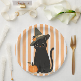 Plato De Papel Gato negro lindo de Halloween con sombrero de bruj