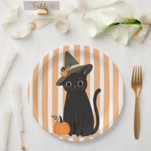 Plato De Papel Gato negro lindo de Halloween con sombrero de bruj