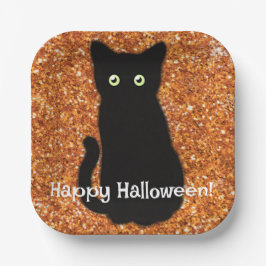 Plato De Papel Gato negro, lindo gatito, brillante purpurina nara