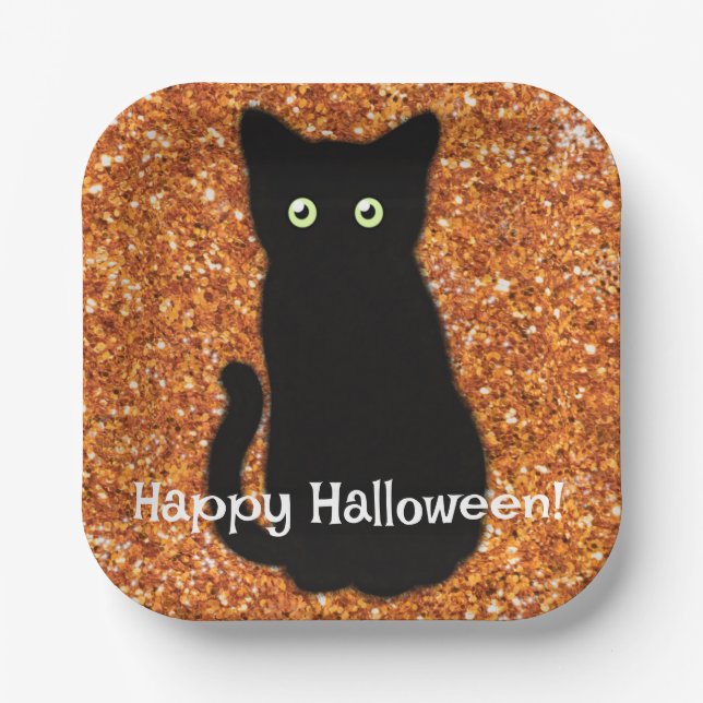 Plato De Papel Gato negro, lindo gatito, brillante purpurina nara (Anverso)