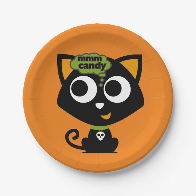 Plato De Papel Gato negro Mmm Candy Halloween (Anverso)