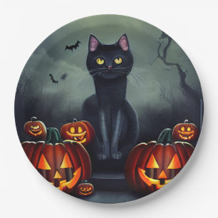 Plato De Papel Gato negro, murciélagos y linternas Jack-O