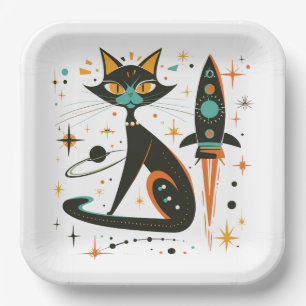 Plato De Papel Gato Negro Retro Astronave Estrellas Planetas MCM