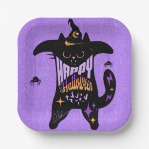Plato De Papel Gato Negro Retro Divertido Halloween  