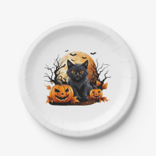 Plato De Papel Gato negro rodeado de calabazas