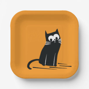 Plato De Papel Gato Negro sobre Naranja – Niños