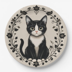 Plato De Papel Gato negro y blanco elegante