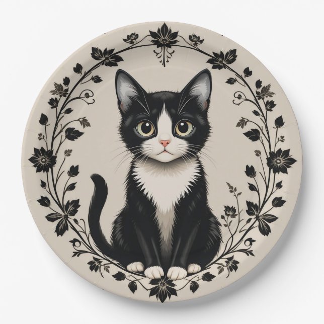 Plato De Papel Gato negro y blanco elegante (Anverso)