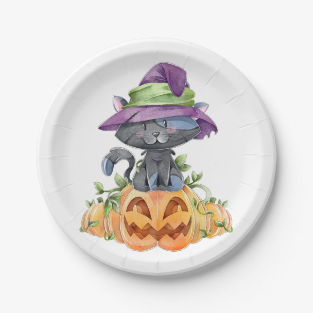 Plato De Papel Gato negro y calabazas (Anverso)