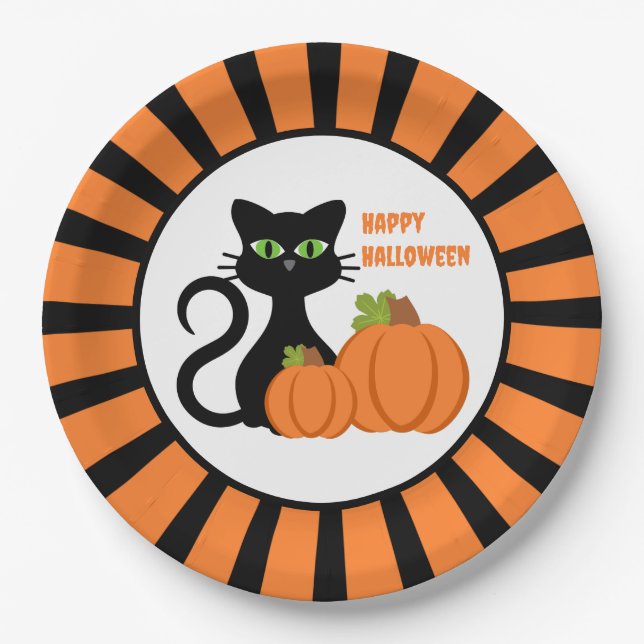 Plato De Papel Gato negro y calabazas Happy Halloween Paper Plate (Anverso)