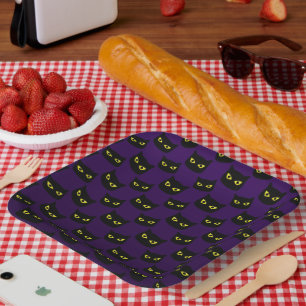 Plato De Papel Gato negro y morado ojos amarillos patrón de Hallo