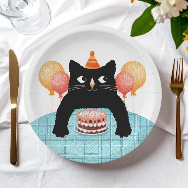 Plato De Papel Gato negro y pastel (Subido por el creador)